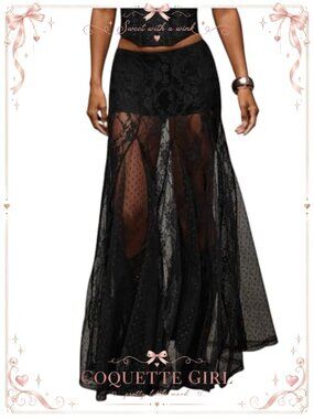 Y2K Sheer Lace Ruffle Hem A-Line Maxi Skirt